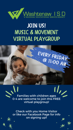 Free Music & Movement Virtual Playgroup every Friday at 11AM. Families with children 0-4 are welcome to join